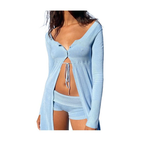 Hot selling lace up single-breasted solid color knitted vacation outfits high waist shorts 2 piece set women