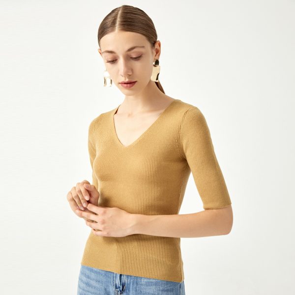 New design Five-quarter sleeve v neck Knitwear Spring summer Solid color Pullover elegant Women Sweater