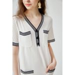 High quality elegant v neck knitwear temperament commuter pullover ladies striped midi knitted dress with pockets