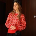 round neck jacquard knitwear women short plaid loose jumper color blocking sweaters