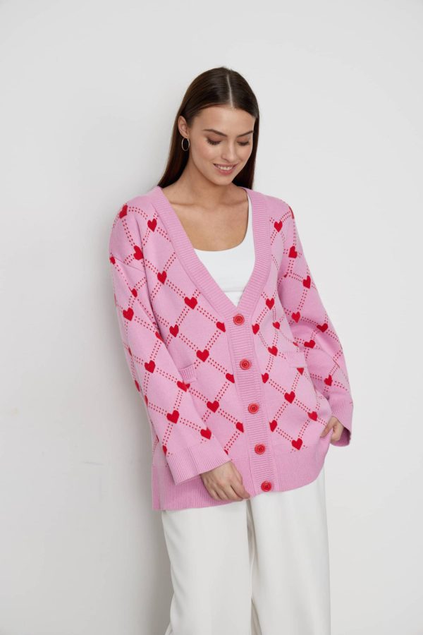 Fall winter V-neck single-breasted button knitwear oversize casual women Love heart jacquard cardigan sweater
