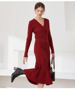 women fashion long sleeve knitwear slim fit elegant pullover v neck sweater knit midi dress