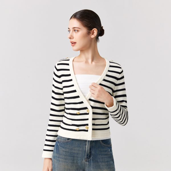 Knitwear Black white striped Merino wool elegant sweater coat Double Breasted gold cardigans women
