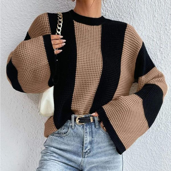knitwear women fashion autumn winter round neck oversize pullover jumpers striped knitted casual sweaters