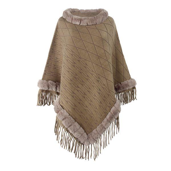 New Design Faux Fur Lined Collar Pullover Loose Sweater Poncho Oversize solid color warm tippet For Women