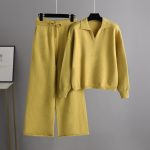 Autumn Winter Solid color Loose Polo Collar Sweater Wide Leg Pants Temperament Women's 2 piece knitted Set