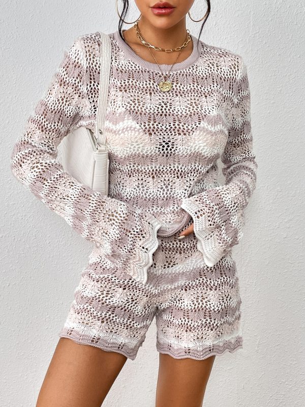 Knitwear Pullover Round Neck stripe jumper hollow out beachwear knitted Women Loungewear 2 piece set