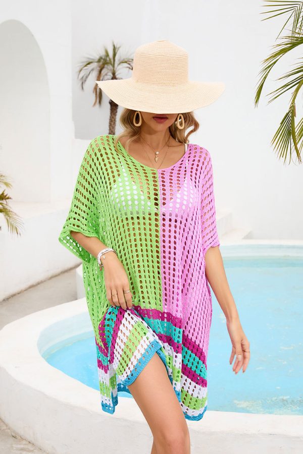 High quality color blocking elegant knitwear women pullover oversize U-neck knitted hollow out beach dress