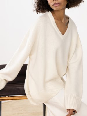 latest design women v neck solid color cozy knitwear irregular elegant loose long sleeve sweater