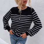 Hot selling crew neck long sleeve jumpers pullover casual single-breasted elegant striped sweaters for women