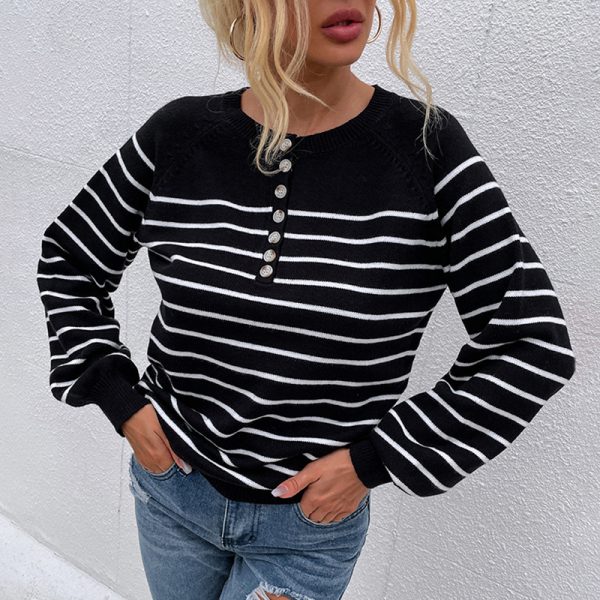 Hot selling crew neck long sleeve jumpers pullover casual single-breasted elegant striped sweaters for women