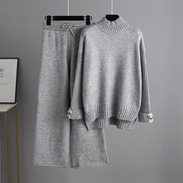 Trending Fashion rolled neck sweaters wide leg pants 2 piece set women knitted winter autumn casual streetwear