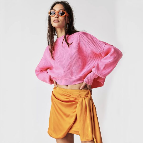 clothing round neck casual knitwear pullover striped oversize long sleeve short cropped sweaters women