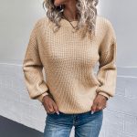 round neck solid color knitwear women lantern sleeve casual pullover sweaters