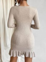 High quality women fashion pullover pure color round neck sexy slim fit ruffles bodycon knitted short dress
