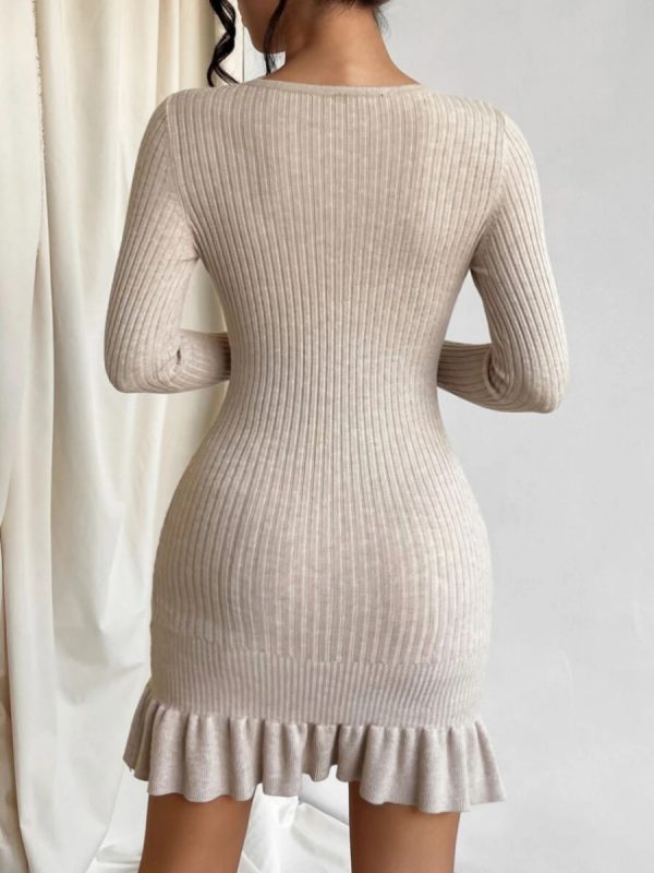 High quality women fashion pullover pure color round neck sexy slim fit ruffles bodycon knitted short dress