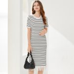 spring summer round neck pullover loose knitwear midi women casual striped knitted dress with tassel