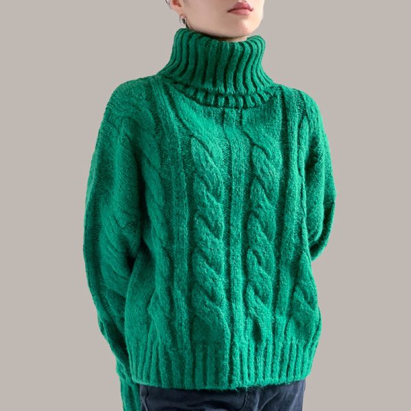Senior sense retro green twisted lazy wind knitted jumper thicken loose heavyweight outerwear turtleneck sweaters women