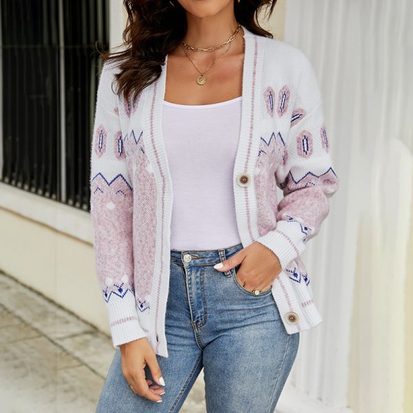 Fall winter V-neck knitwear sweaters women Geometric pattern jacquard single breasted knitted casual cardigan coa