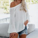 Spring Summer women fashion off shoulder solid color sweaters lace up loose elegant flare sleeve jumpers