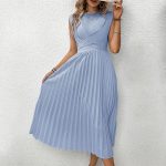 New Arrivals 2026 Summer Women's Solid Color Round Neck Pleated Dress with Waist-Tie Design