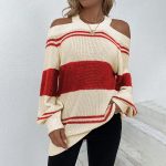 Hot selling round neck hollow out halter sweaters pullover color blocking casual striped jumpers mujer