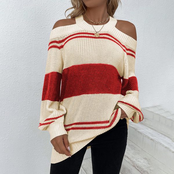 Hot selling round neck hollow out halter sweaters pullover color blocking casual striped jumpers mujer