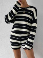 Fall Winter Knit Casual Striped Women Loungewear Pajama Set Knitted Round Neck Pullover Sweater 2 Piece Shorts Set