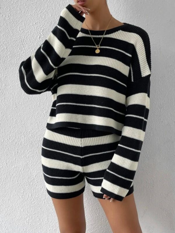 Fall Winter Knit Casual Striped Women Loungewear Pajama Set Knitted Round Neck Pullover Sweater 2 Piece Shorts Set