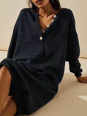 High quality elegant round neck knitwear button temperament commuter ladies sweater long maxi knitted dress for women