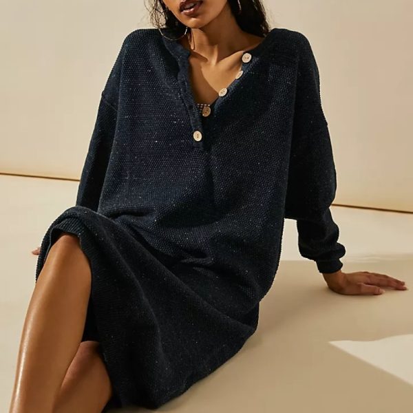 High quality elegant round neck knitwear button temperament commuter ladies sweater long maxi knitted dress for women