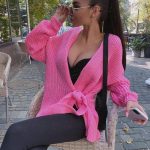 Fall winter v neck lace up knitwear thicken pure color oversize cardigans women sweaters coat