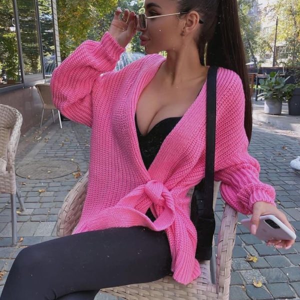 Fall winter v neck lace up knitwear thicken pure color oversize cardigans women sweaters coat