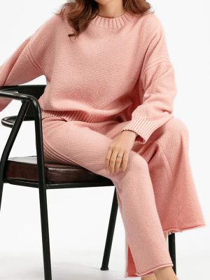 Knitwear o- neck ribbed pullover sweater 2 piece sets women wide leg pants oversize casual knitted outfits