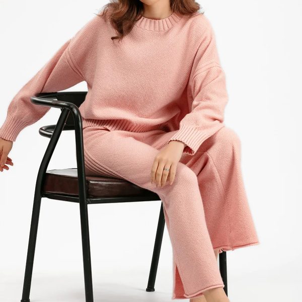 Knitwear o- neck ribbed pullover sweater 2 piece sets women wide leg pants oversize casual knitted outfits
