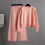 Trending Fashion Winter Autumn round neck oversize Pullover Cable sweaters wide leg pants knitted 2 piece set for women