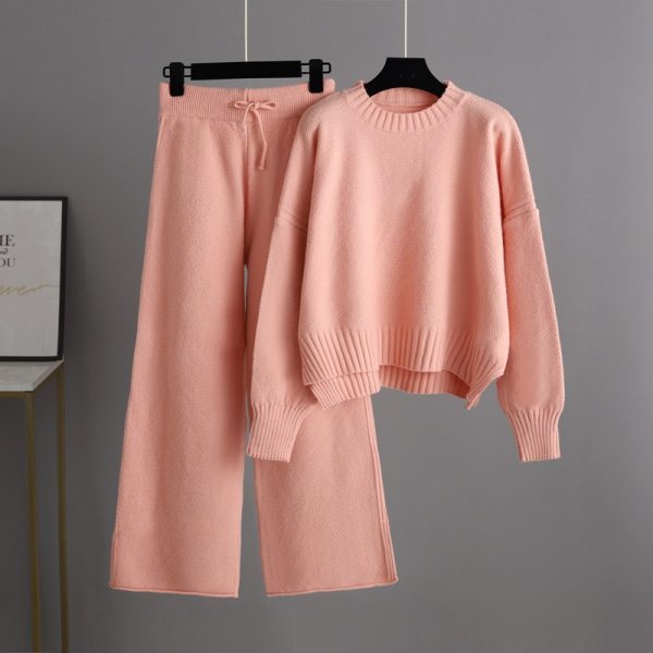 Trending Fashion Winter Autumn round neck oversize Pullover Cable sweaters wide leg pants knitted 2 piece set for women