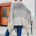 Autumn Winter Fringed Cloak Shawl Tassel Half Open Collar Color Blocking Sweater coat for Women