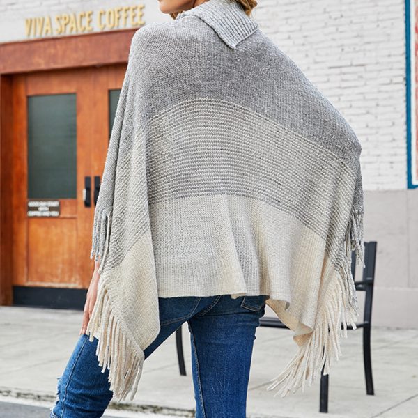 Autumn Winter Fringed Cloak Shawl Tassel Half Open Collar Color Blocking Sweater coat for Women