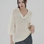 Trending fashion solid color casual knitwear pullover turn down collar hollow out sweaters women