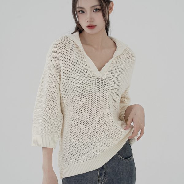 Trending fashion solid color casual knitwear pullover turn down collar hollow out sweaters women