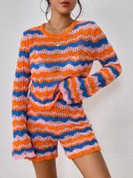 Knitwear Pullover Round Neck stripe jumper hollow out beachwear knitted Women Loungewear 2 piece set