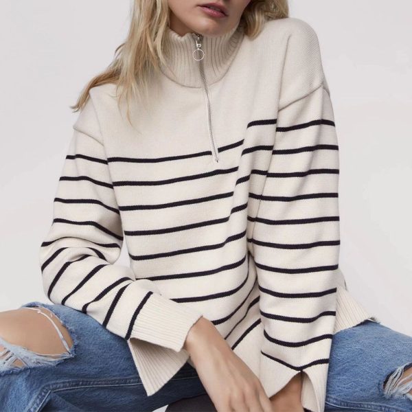 New arrivals autumn winter casual thicken knitwear Half zipper turtleneck loose striped knitted sweater for women