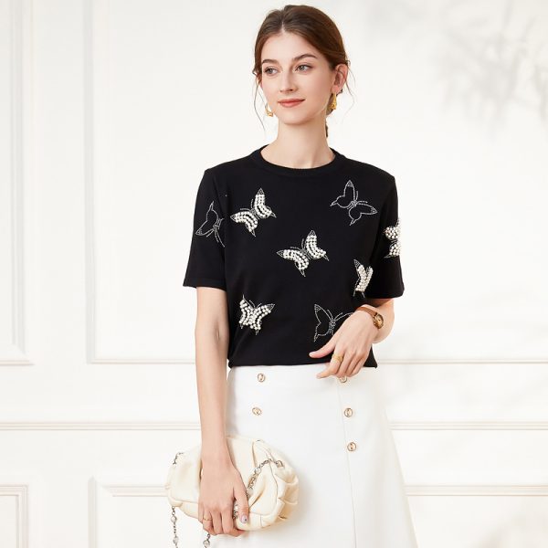 New Arrivals casual crew neck butterfly jumpers women Hot drill short sleeve pullover sweaters