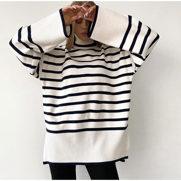 rolled neck sweaters oversize color blocking side split women autumn winter jumper mujer