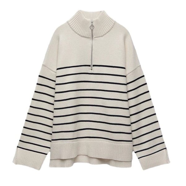 New arrivals autumn winter casual thicken knitwear Half zipper turtleneck loose striped knitted sweater for women