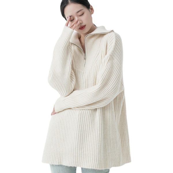 Knitwear autumn winter zipper turn down collar long sleeve luxury women cashmere pullover sweater