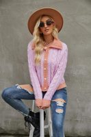 New style fashion short lapel knitted cardigan color blocking jacquard single breasted sweater coat for women