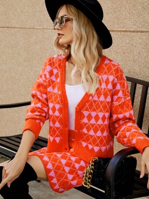 clothing Casual jacquard Knit Outfits Elegant single-breasted cardigans high waist knitted dress 2 piece set
