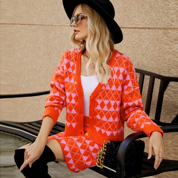 clothing Casual jacquard Knit Outfits Elegant single-breasted cardigans high waist knitted dress 2 piece set